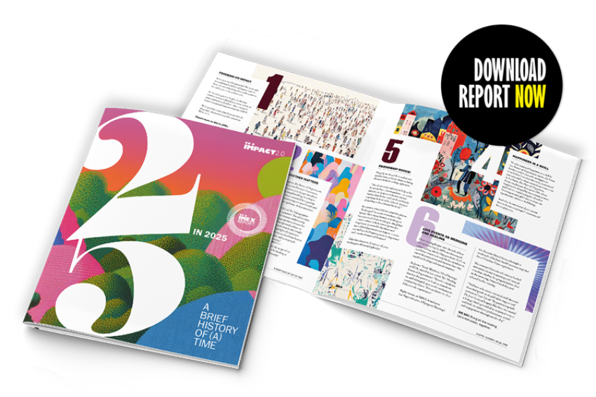 Branded IMEX report with brochure stacked to form a collage