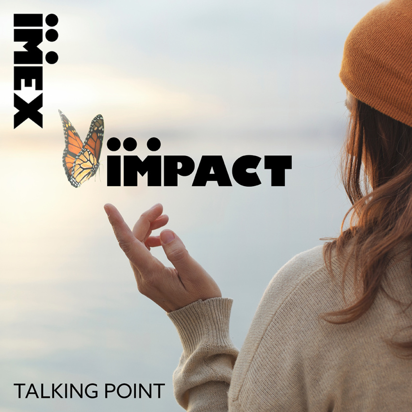 Female with her hand held high making contact with butterfly with the IMEX impact logo imposed